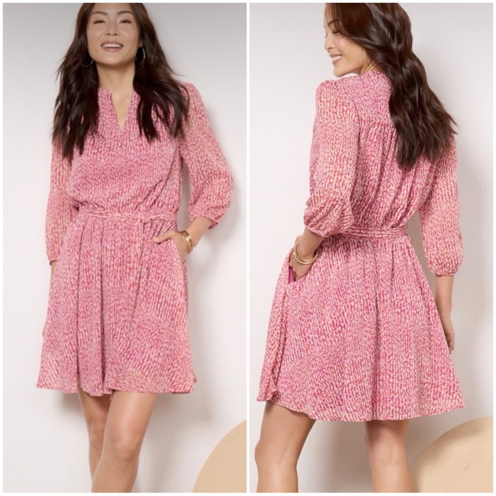 EVEREVE Women’s Size S Pink‎ Print Joyce 3/4-Sleeve V-Neck Tie-Belt Short Dress